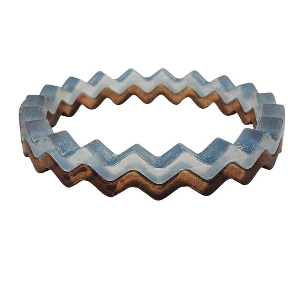 Acrylic Puzzle Bangles Zig Zag Bracelet Blue Brown Off White Wavy Interlocking - Picture 4 of 12